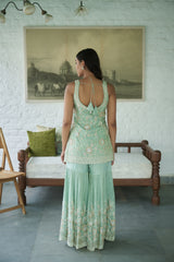 Ice Blue Tissue V-neck Embroidered Kurta Gharara Set