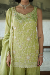 Sage green tissue V-neck Embroidered Kurta Gharara Set