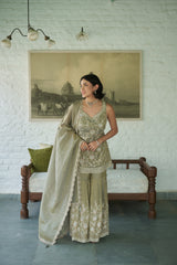 Grey Tissue V-neck, Yes Embroidered Kurta Gharara Set