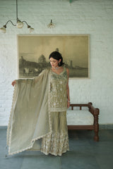 Grey Tissue V-neck, Yes Embroidered Kurta Gharara Set