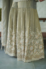 Grey Tissue V-neck, Yes Embroidered Kurta Gharara Set