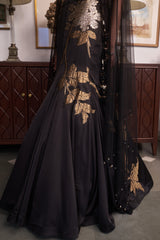 Black Jacquard, Net Sweetheart Neck Embroidered Lehenga Set