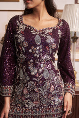 Purple V-Neck Embroidered Kurta And Sharara Set