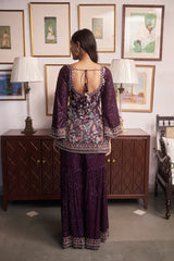 Purple V-Neck Embroidered Kurta And Sharara Set