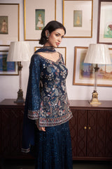 Blue V-neck Embroidered Kurta Sharara Set