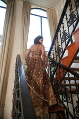 Coffee Brown Geometric Stone & Gota Lehenga Set