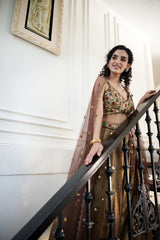 Coffee Brown Geometric Stone & Gota Lehenga Set