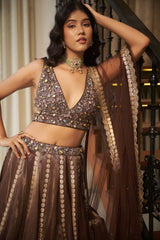 Coco Brown Abstract Stone & Mirror Work Lehenga SetCoco Brown Abstract Stone & Mirror Work Lehenga Set