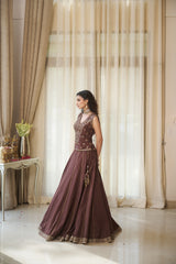Coffee Brown Pure Silk Floral Jaal Lehenga Set