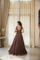 Coffee Brown Pure Silk Floral Jaal Lehenga Set