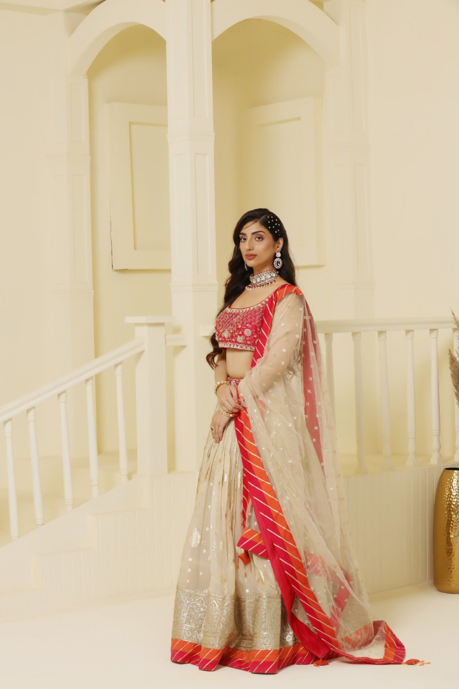 Magenta and orange embroided Tissue lehenga