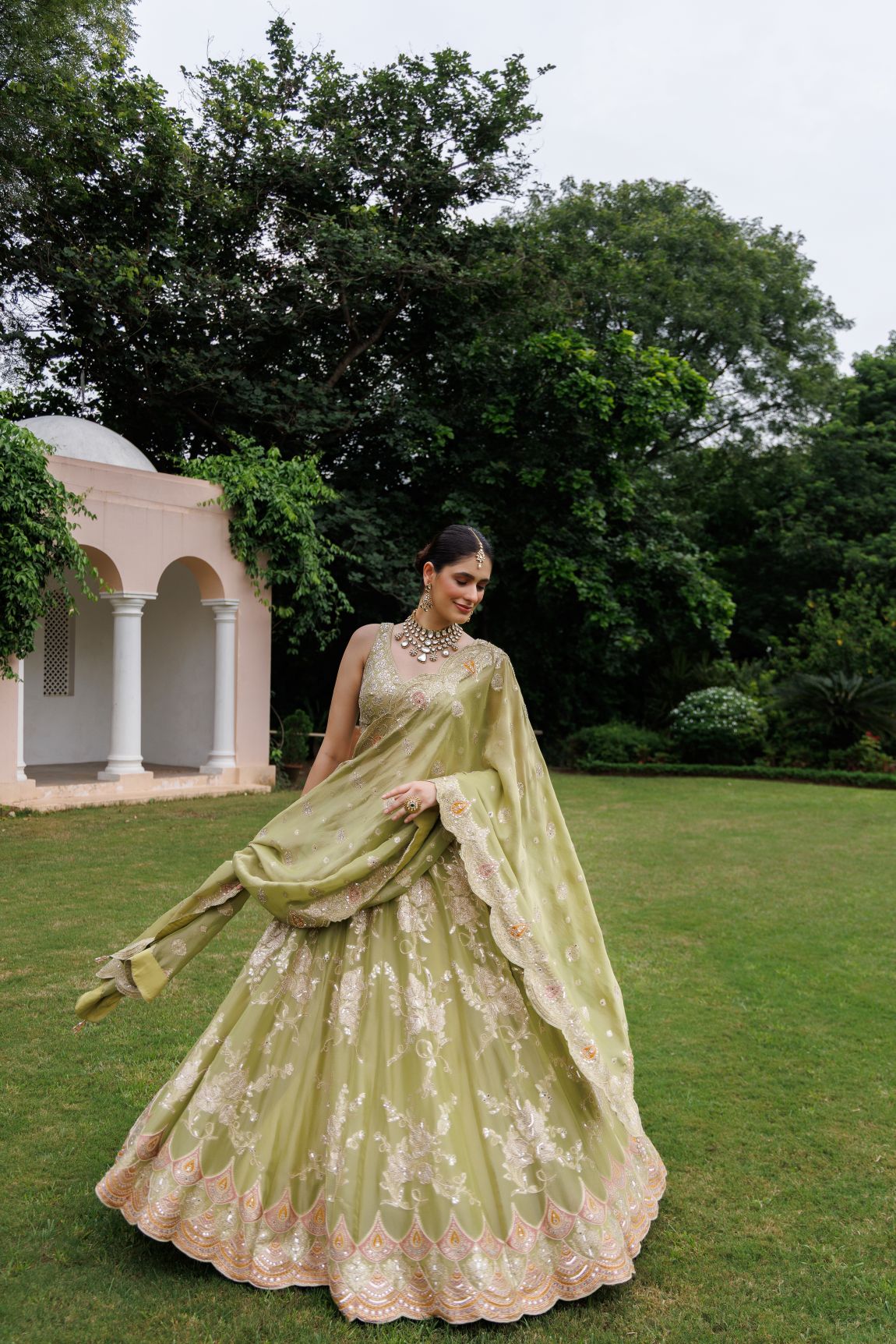 Bright Green Tissue Floral Embroidered Lehenga Set