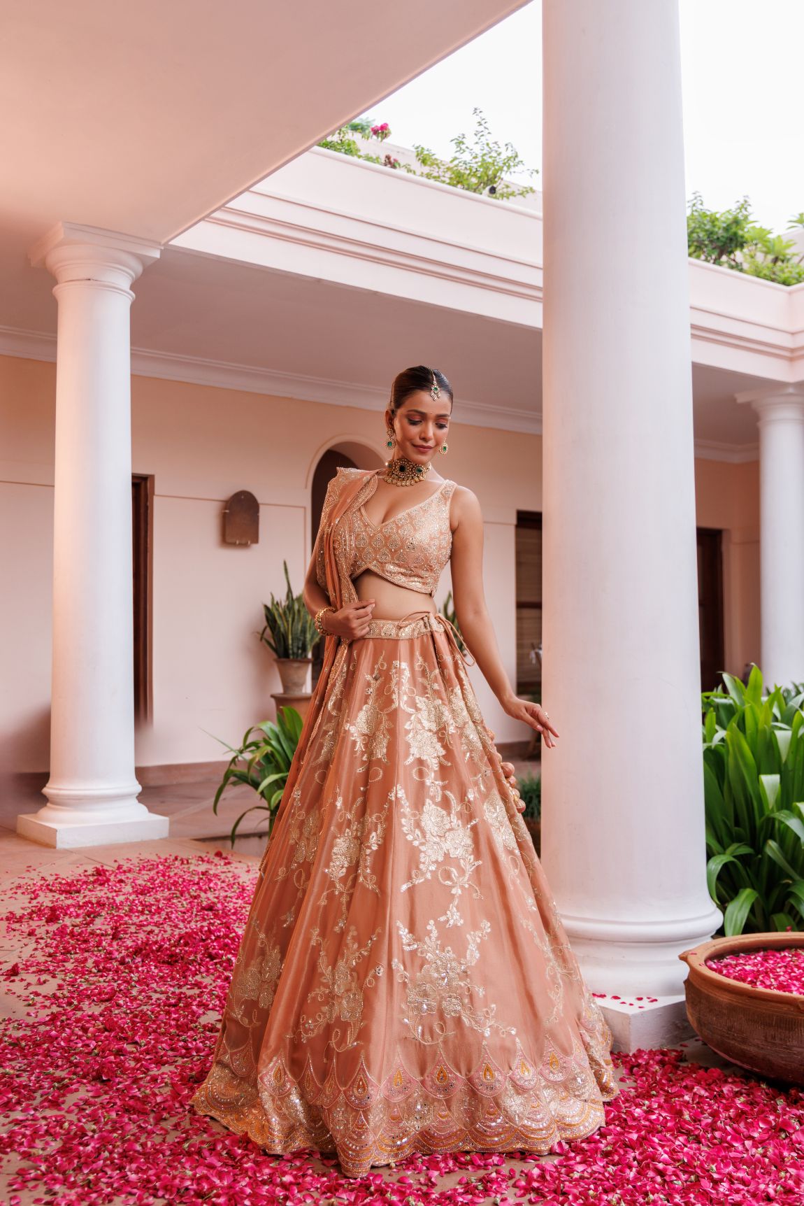 Rust Tissue Floral Embroidered Lehenga Set