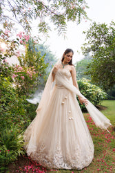 3D Flower Work With Net Embalished Lehnga With Corset Lehnga Dupatta