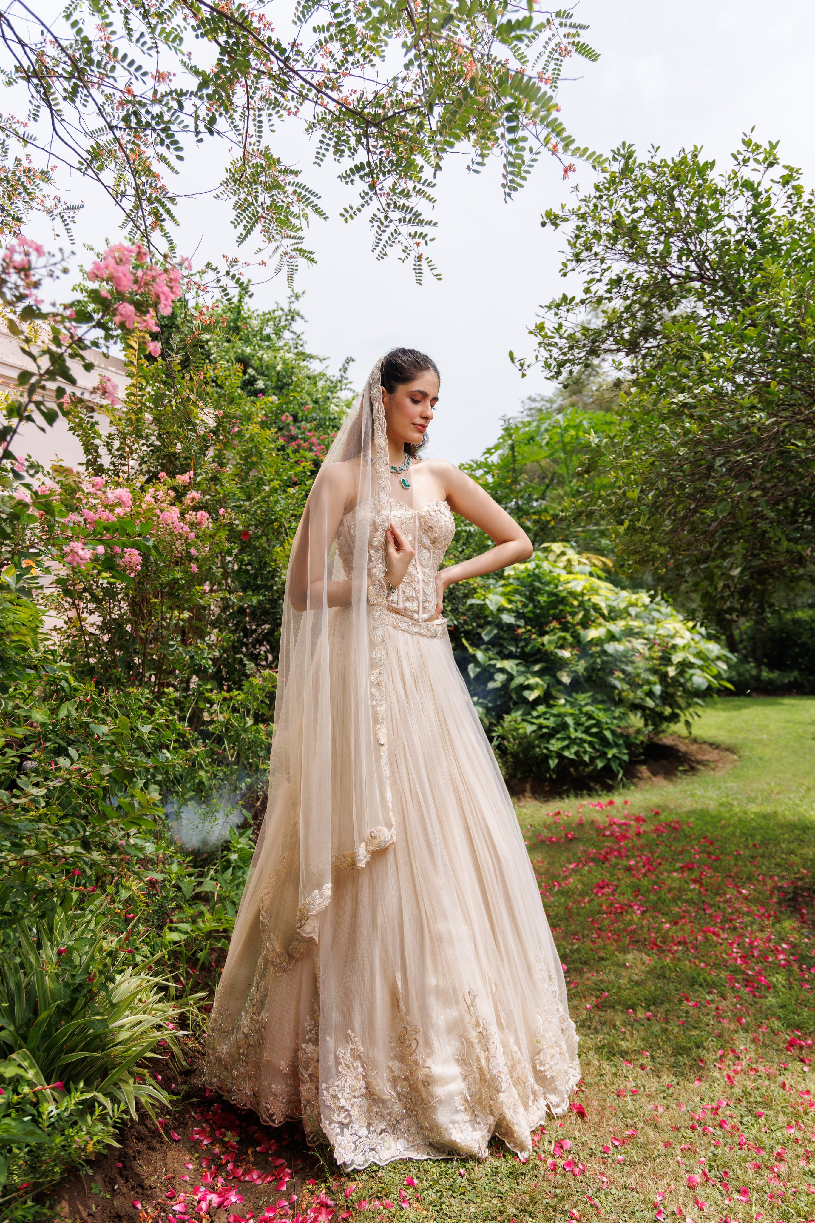 3D Flower Work With Net Embalished Lehnga With Corset Lehnga Dupatta