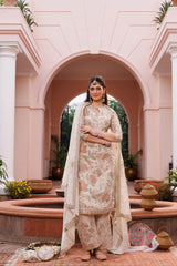 Big flower jaal with pastel gold colour long shirt pant.