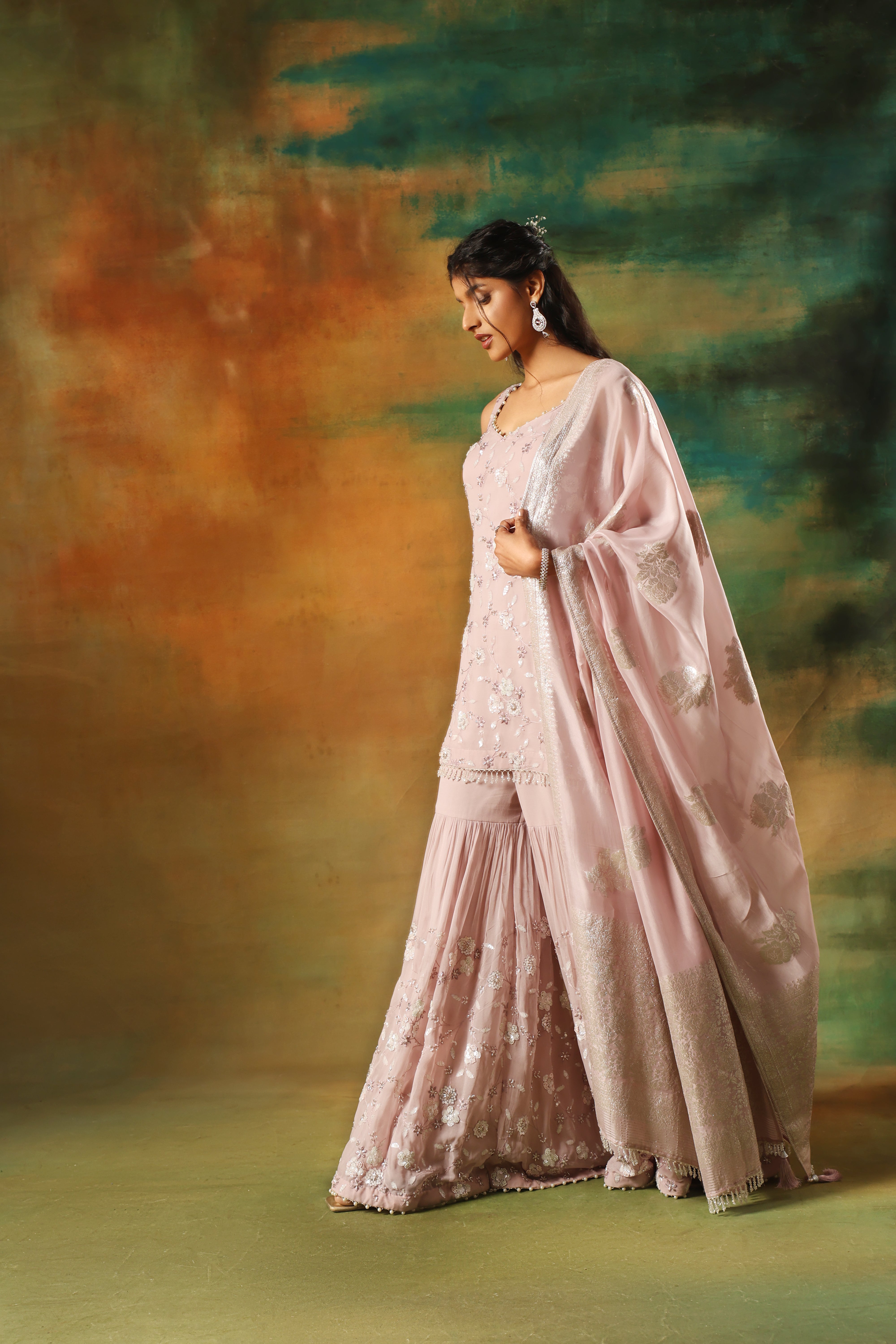 Onion Pink Embroidered Georgette Shirt Sharara