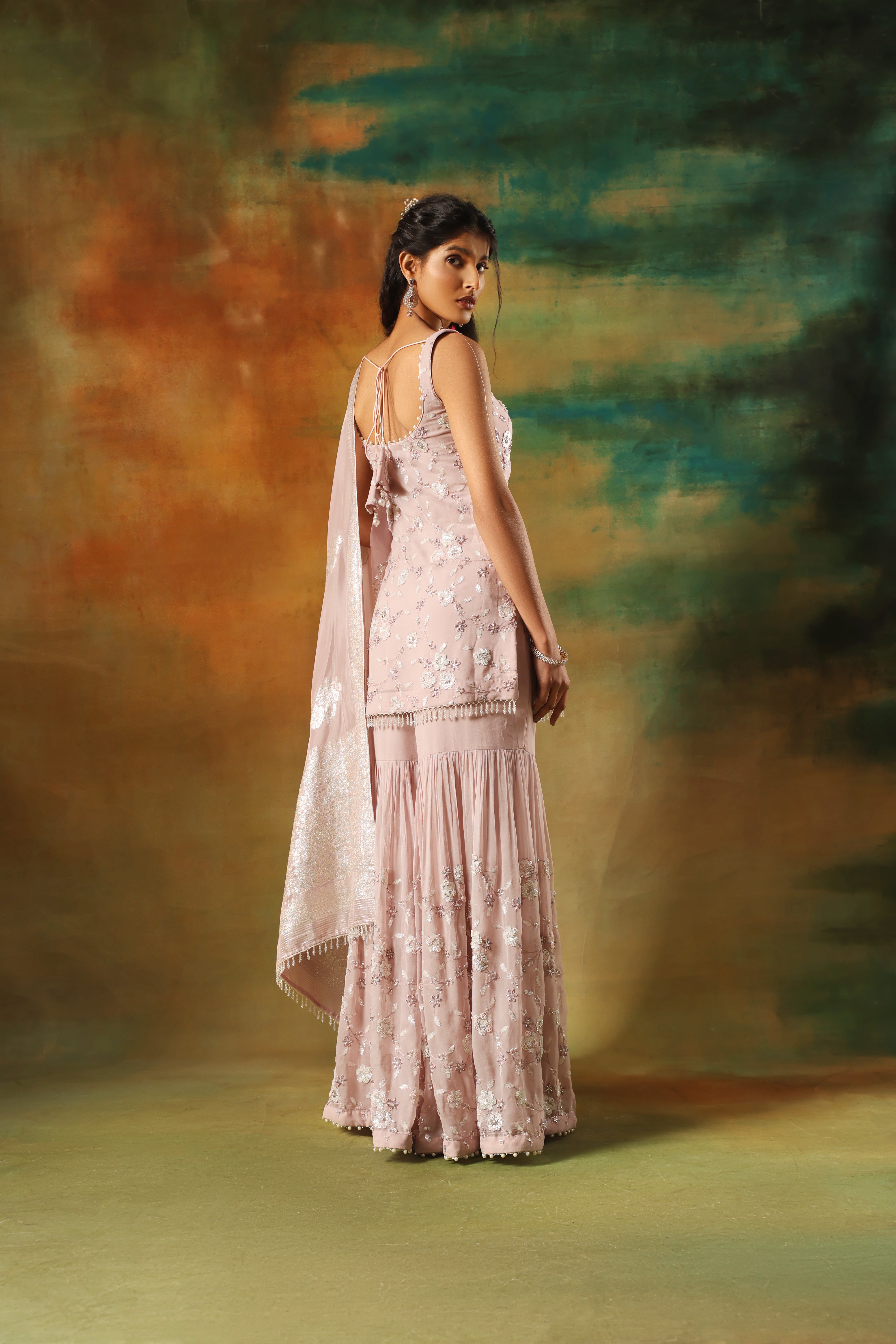 Onion Pink Georgette Shirt Sharara with Embroidered Detailing