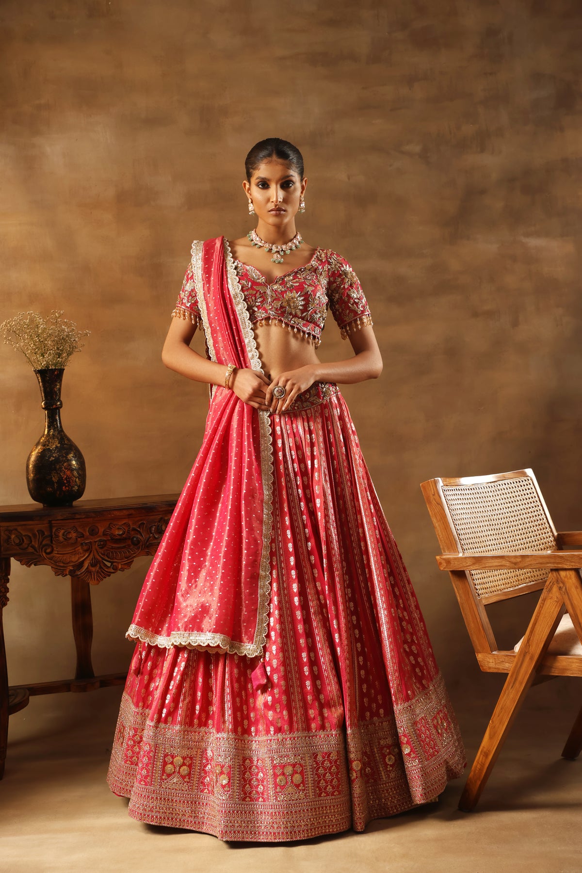 Magenta Tissue jacquard Embroidered  Lehenga Choli