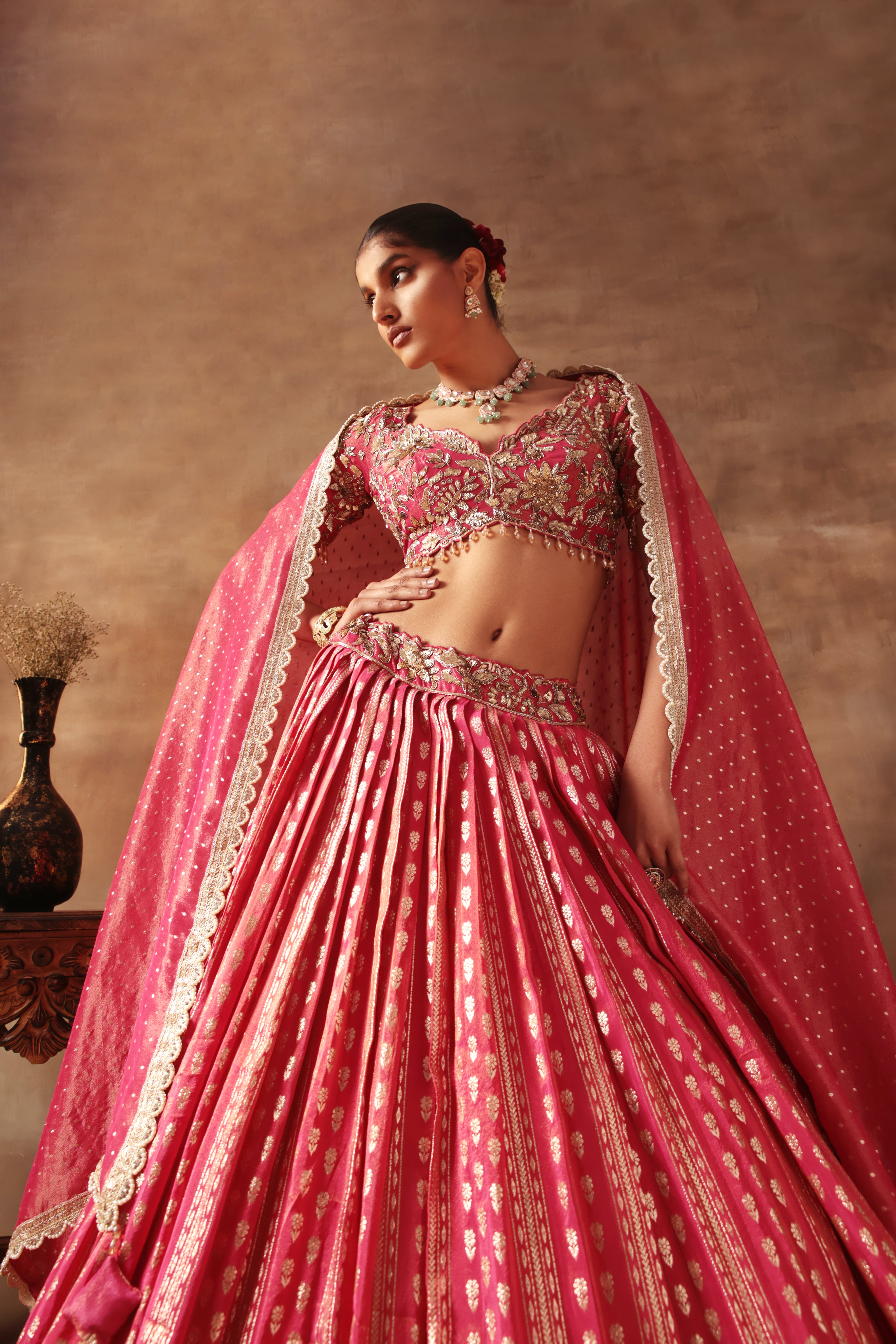 Magenta Tissue jacquard Embroidered  Lehenga Choli