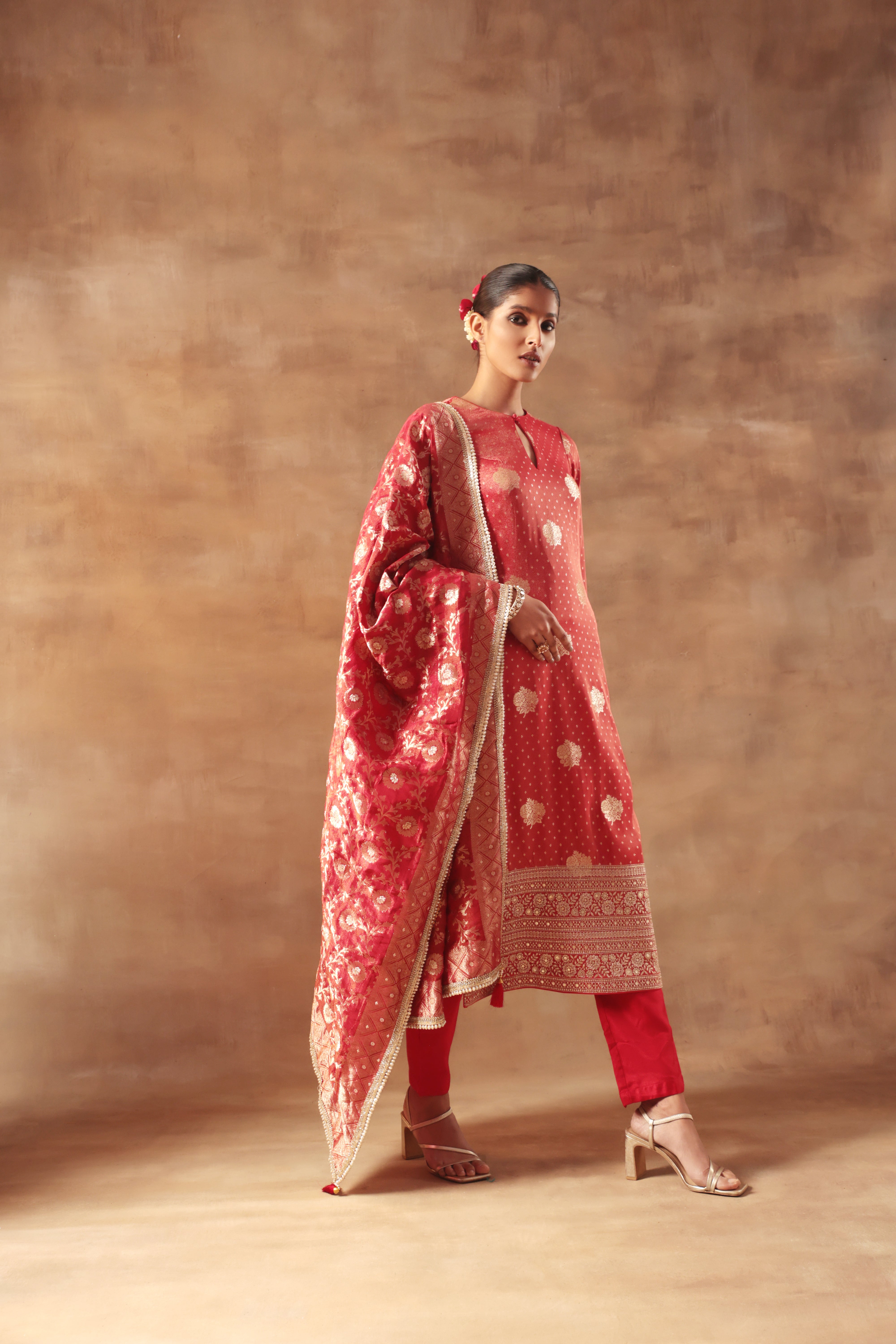 Tissue jacquard long kurta set for festive and wedding occasions