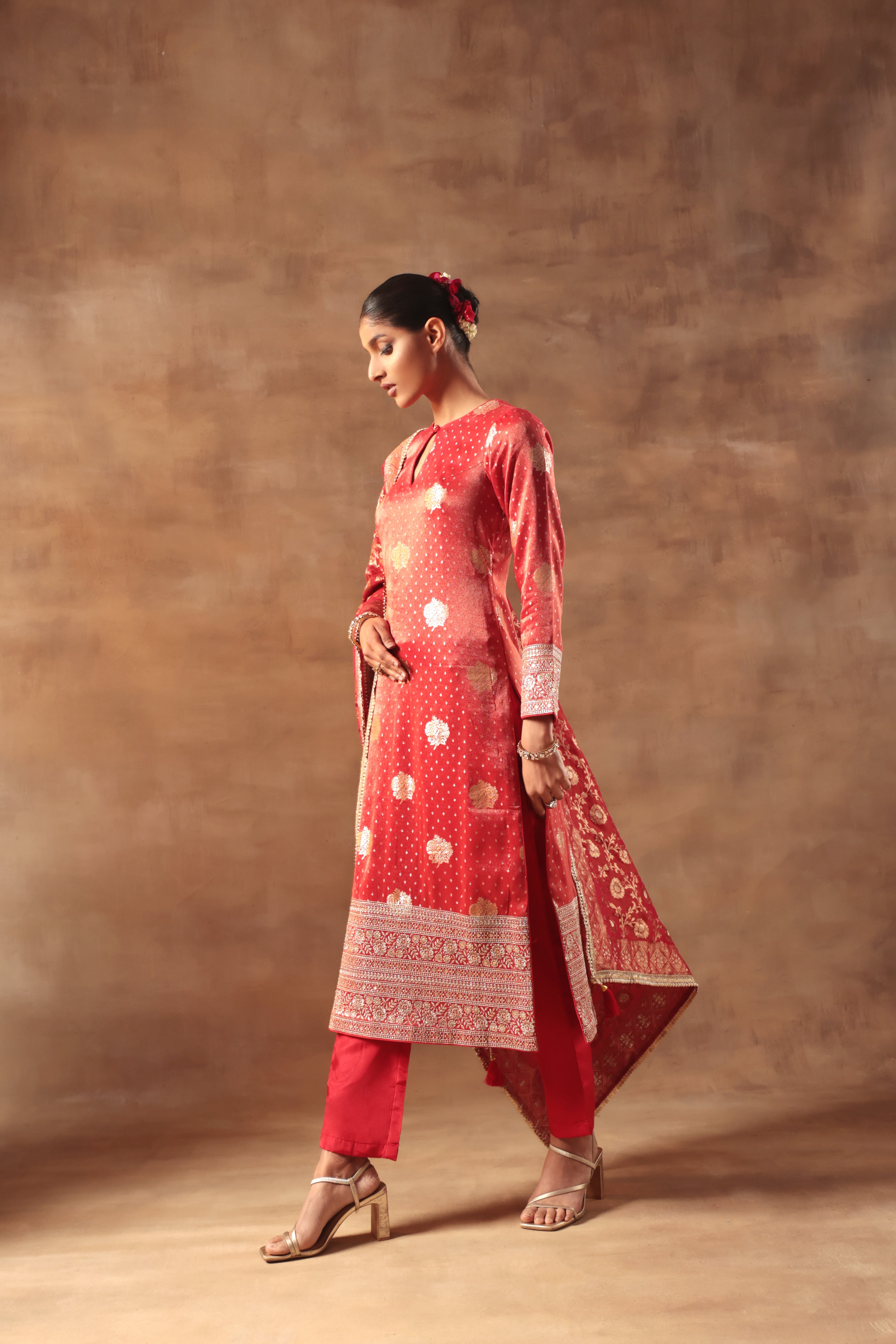Tissue jacquard long kurta set for festive and wedding occasions