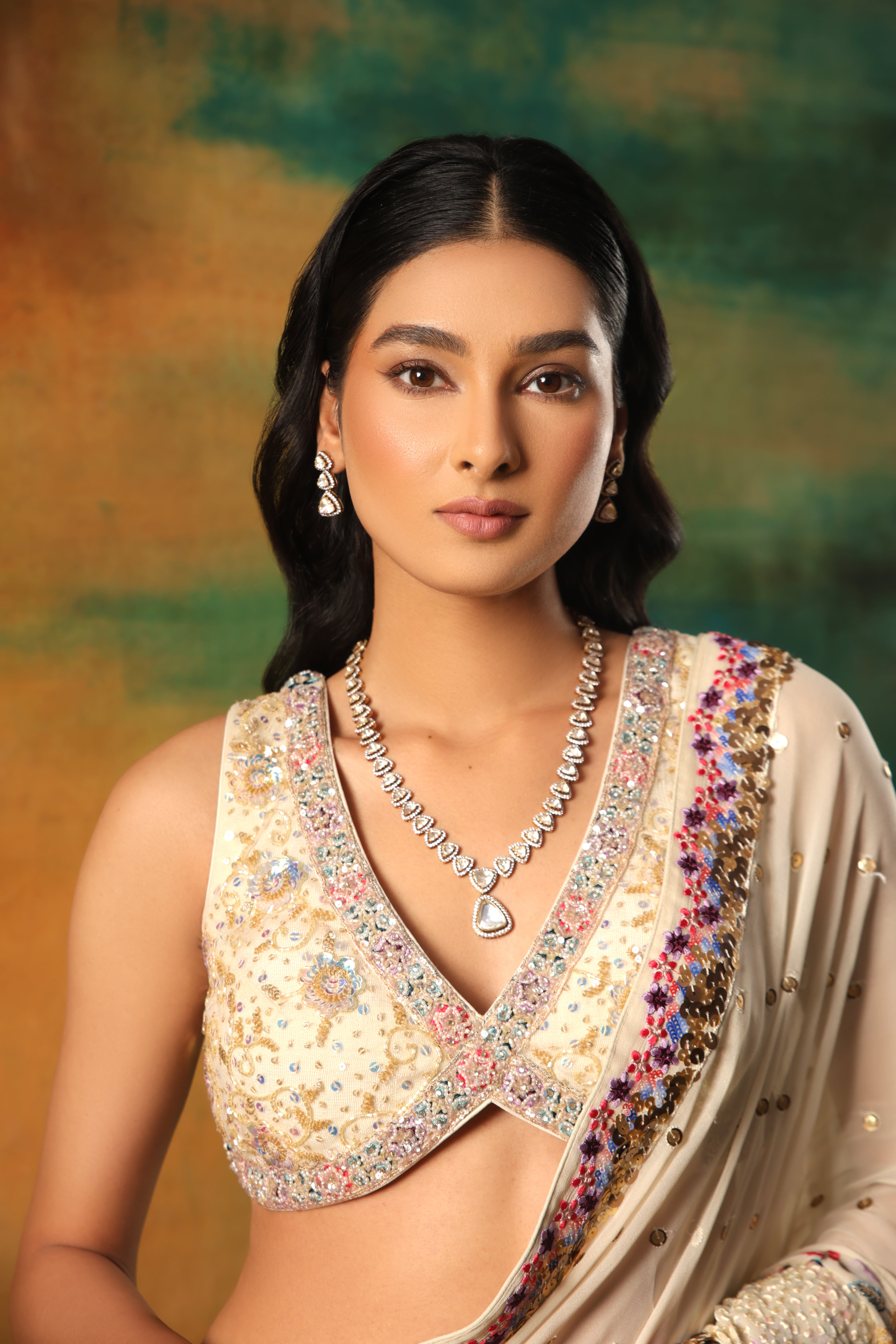 Ivory Embroidered Saree with Embellished Blouse