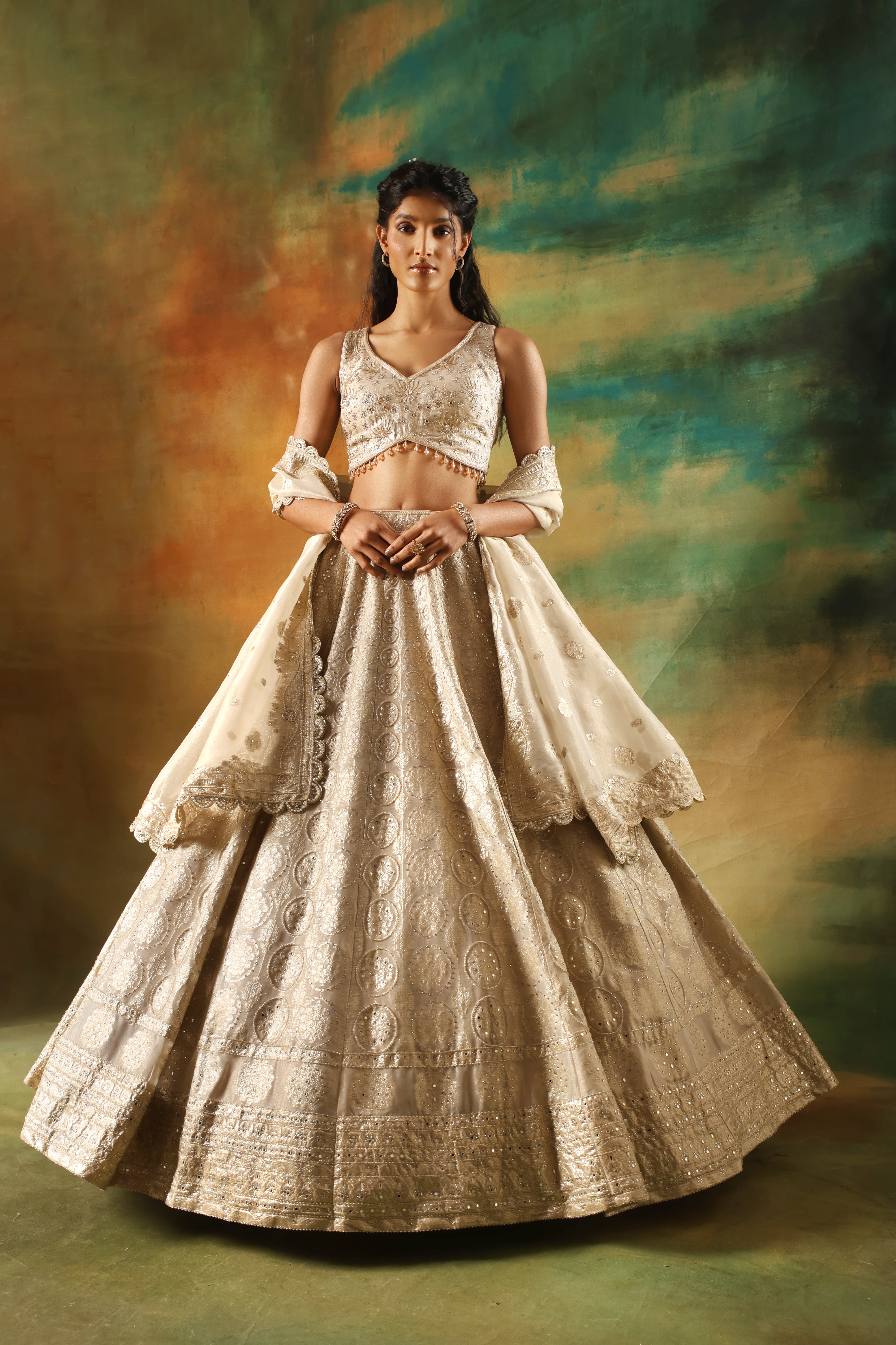 Gold tissue jacquard lehenga choli for weddings and festive functions