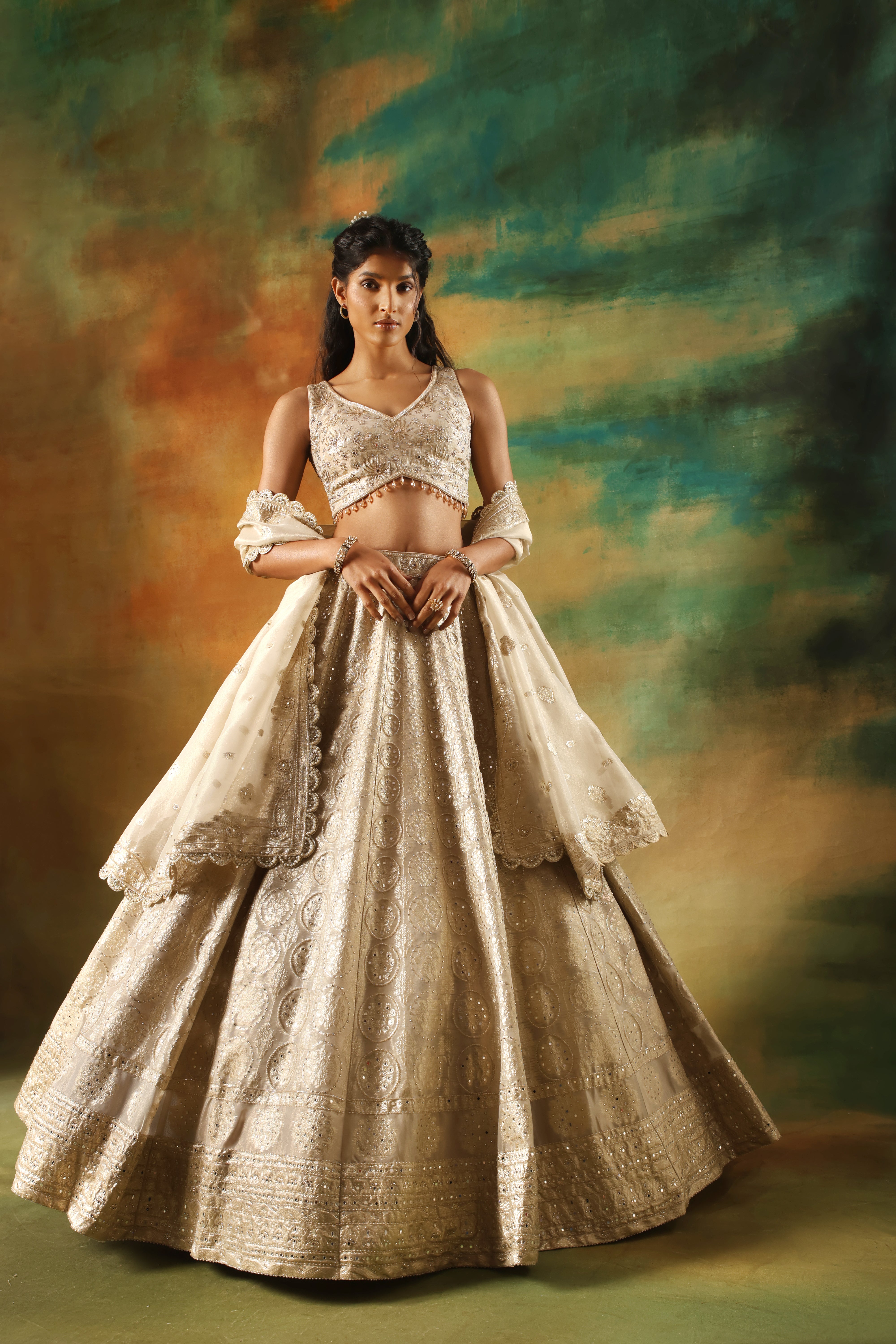 Gold tissue jacquard lehenga choli for weddings and festive functions