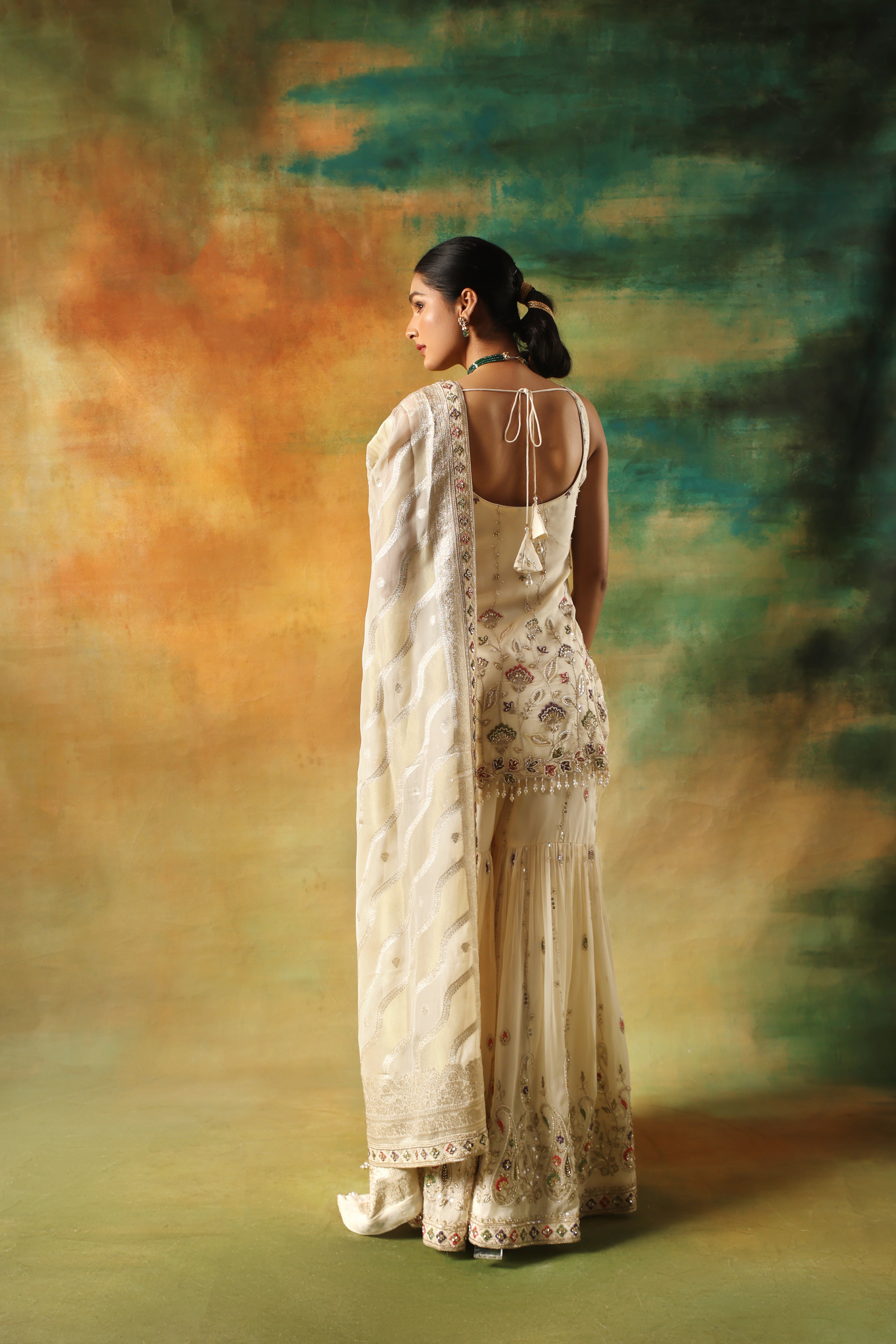 Light Gold Multicolor Sharara Set in Organza – Meena Gurnam