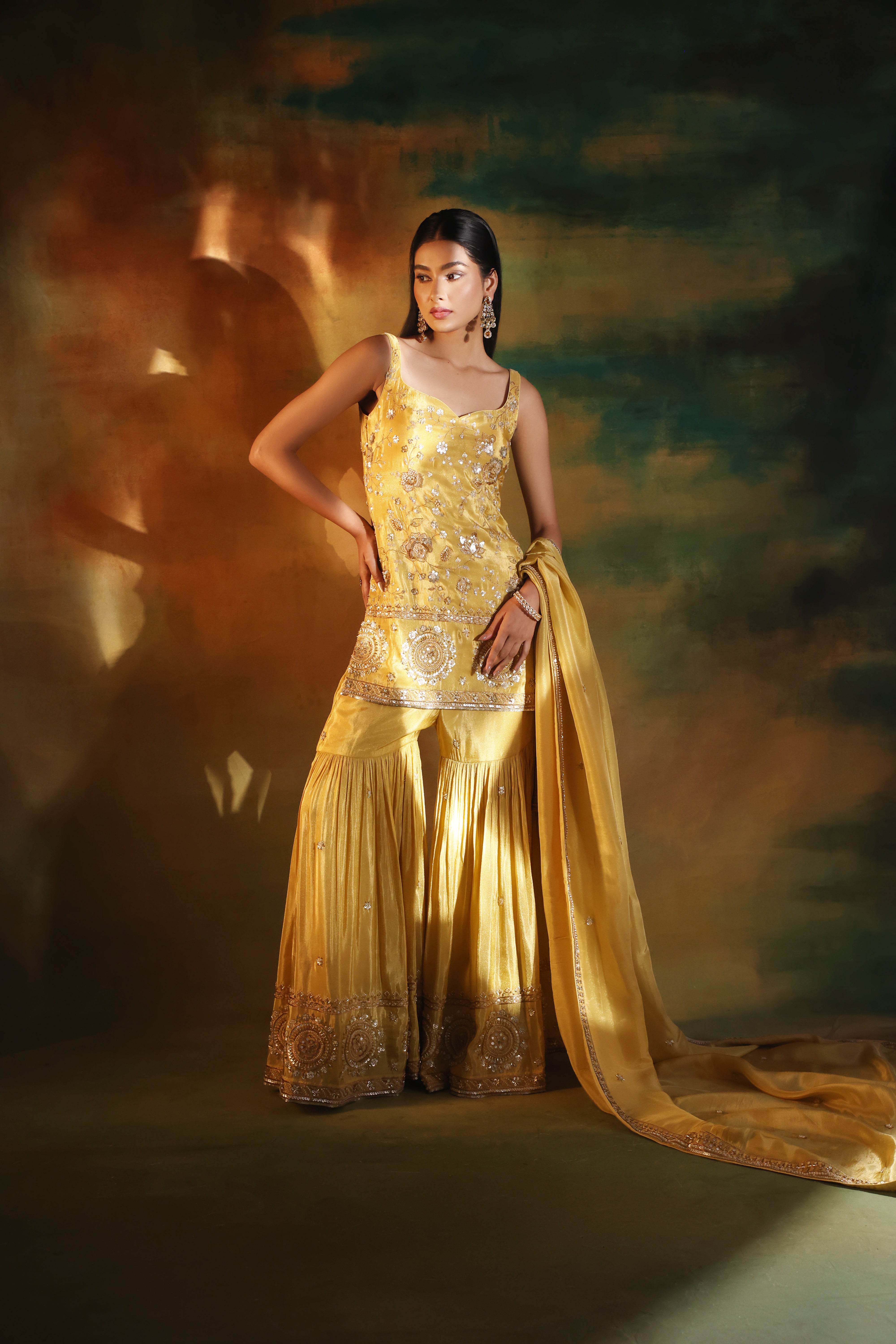 Beige Tissue Embroidered Sharara Set for Festive Elegance