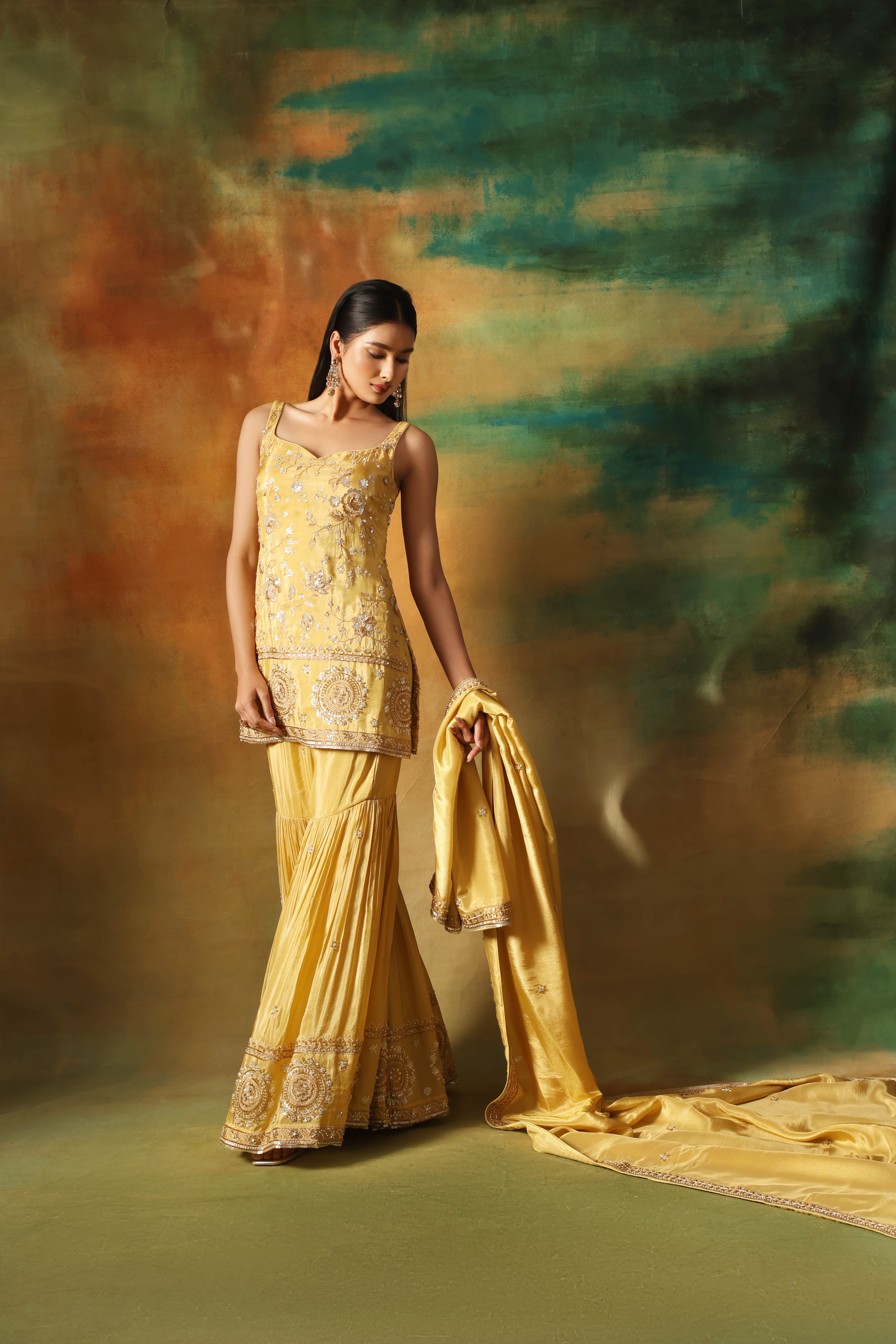 Beige Tissue Embroidered Sharara Set for Festive Elegance