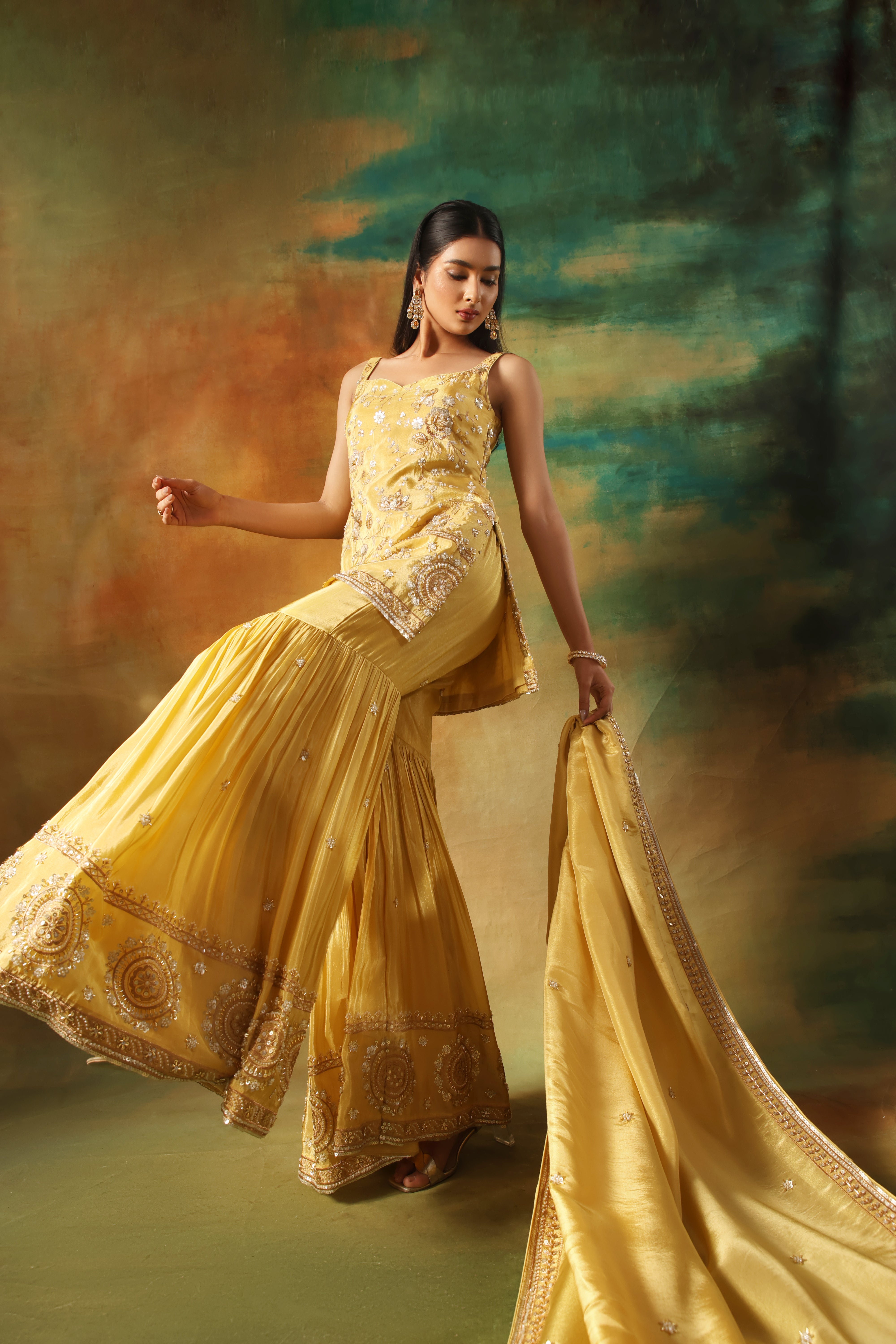 Beige Tissue Embroidered Sharara Set for Festive Elegance