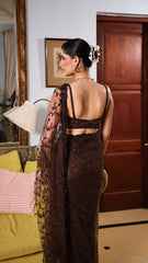 Brown Net Floral Embroidered Saree Set