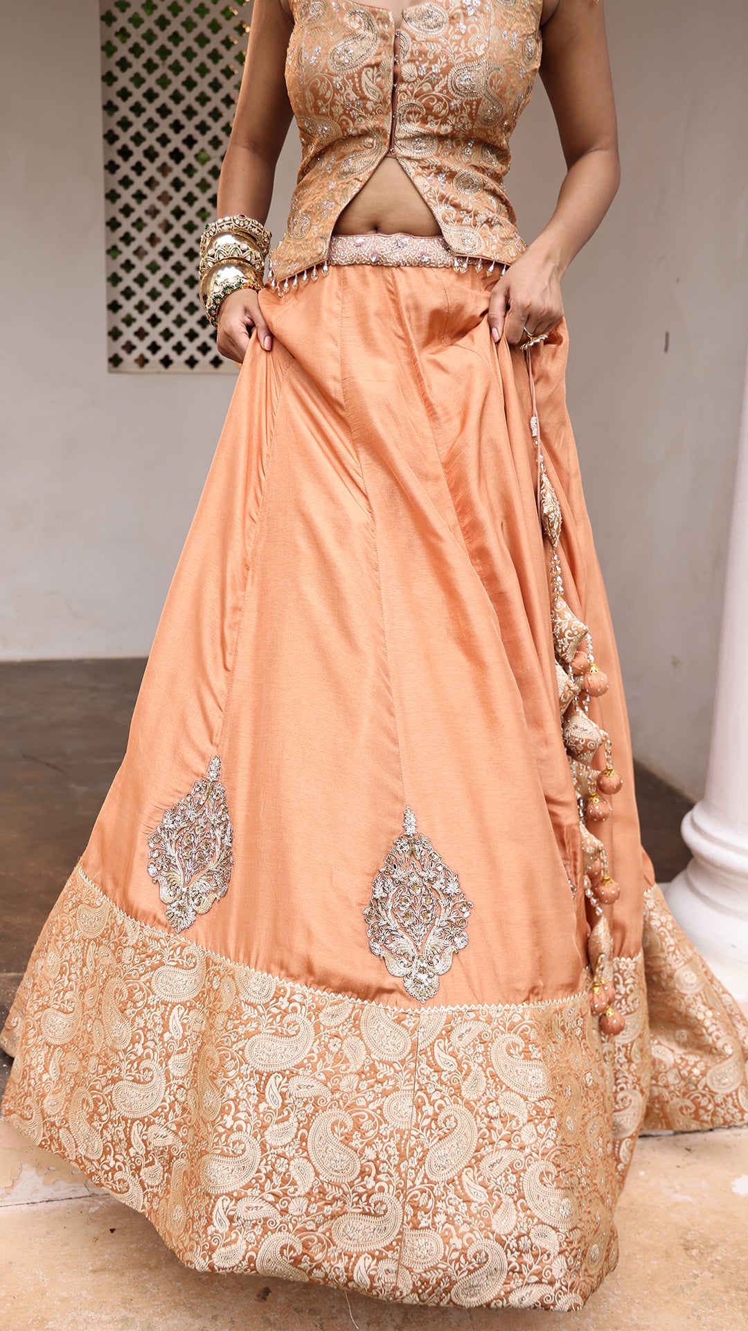 Rust Silk Jacquard Jaal Embellished Lehenga Set