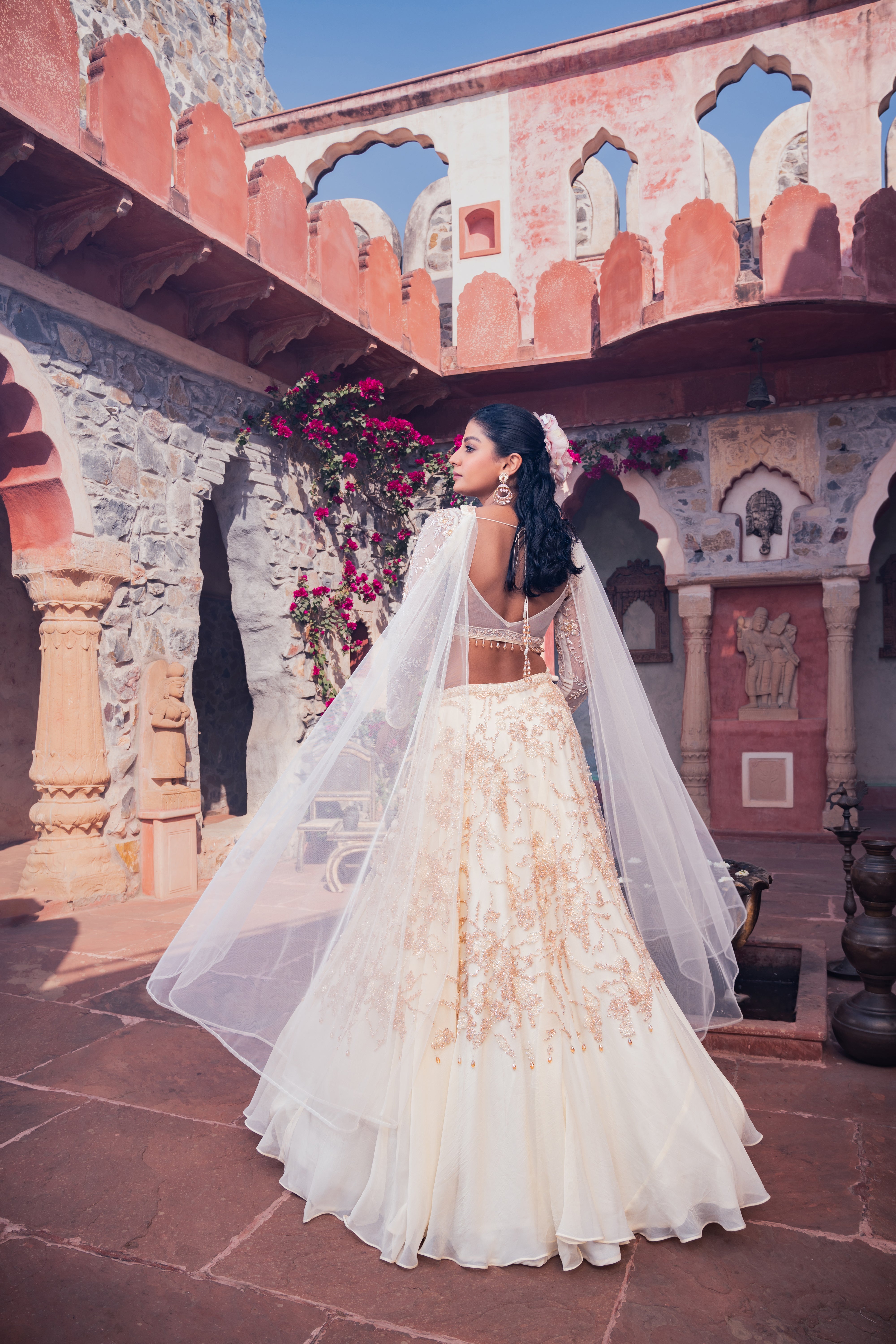 Beige Net & Viscose Georgette 3D Floral Embroidered Lehenga Set