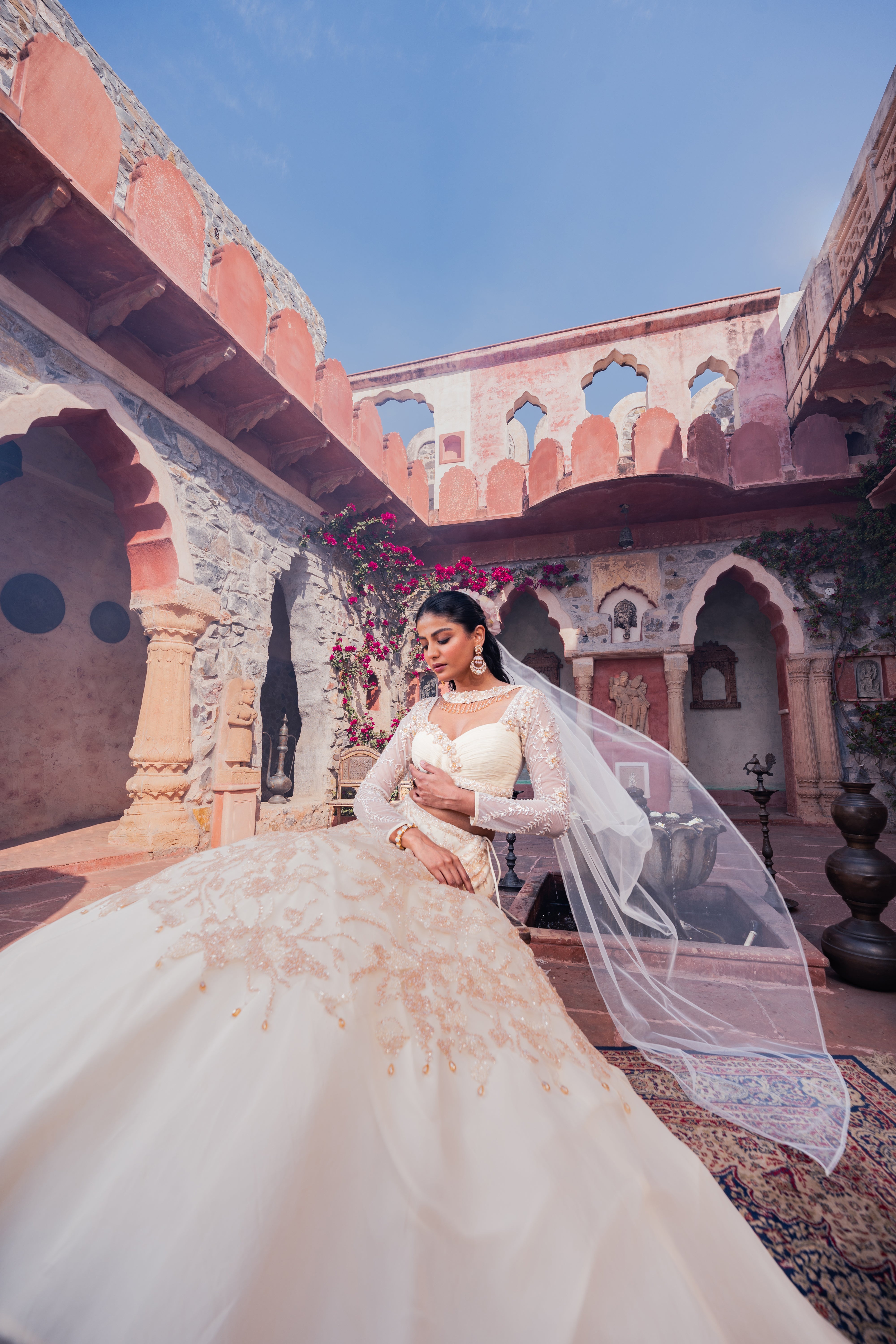 Beige Net & Viscose Georgette 3D Floral Embroidered Lehenga Set