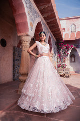 Pink Net Cutdana & Sequins Embroidered Lehenga Set