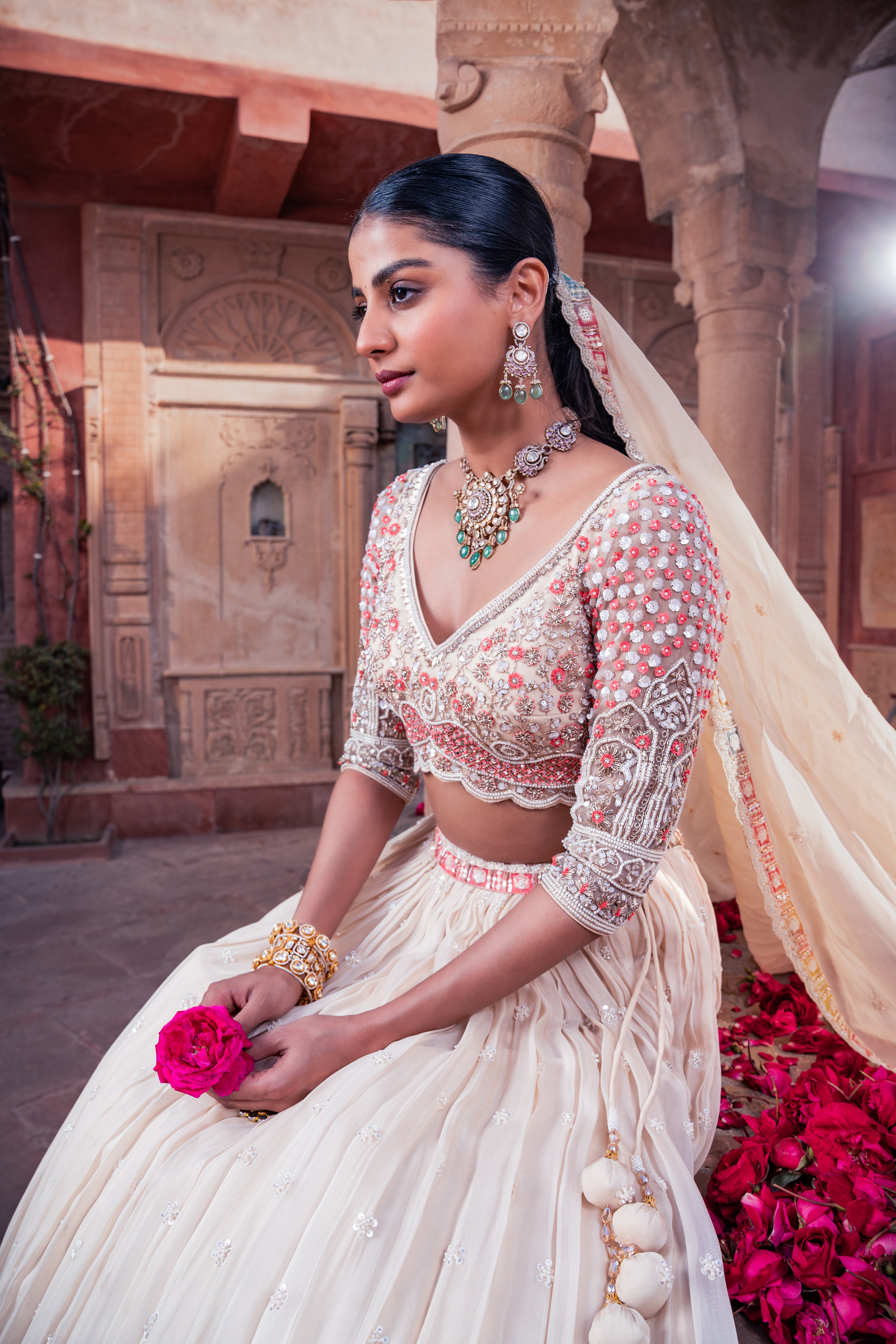 Ivory Net & Organza Hand Embellished Lehenga Set