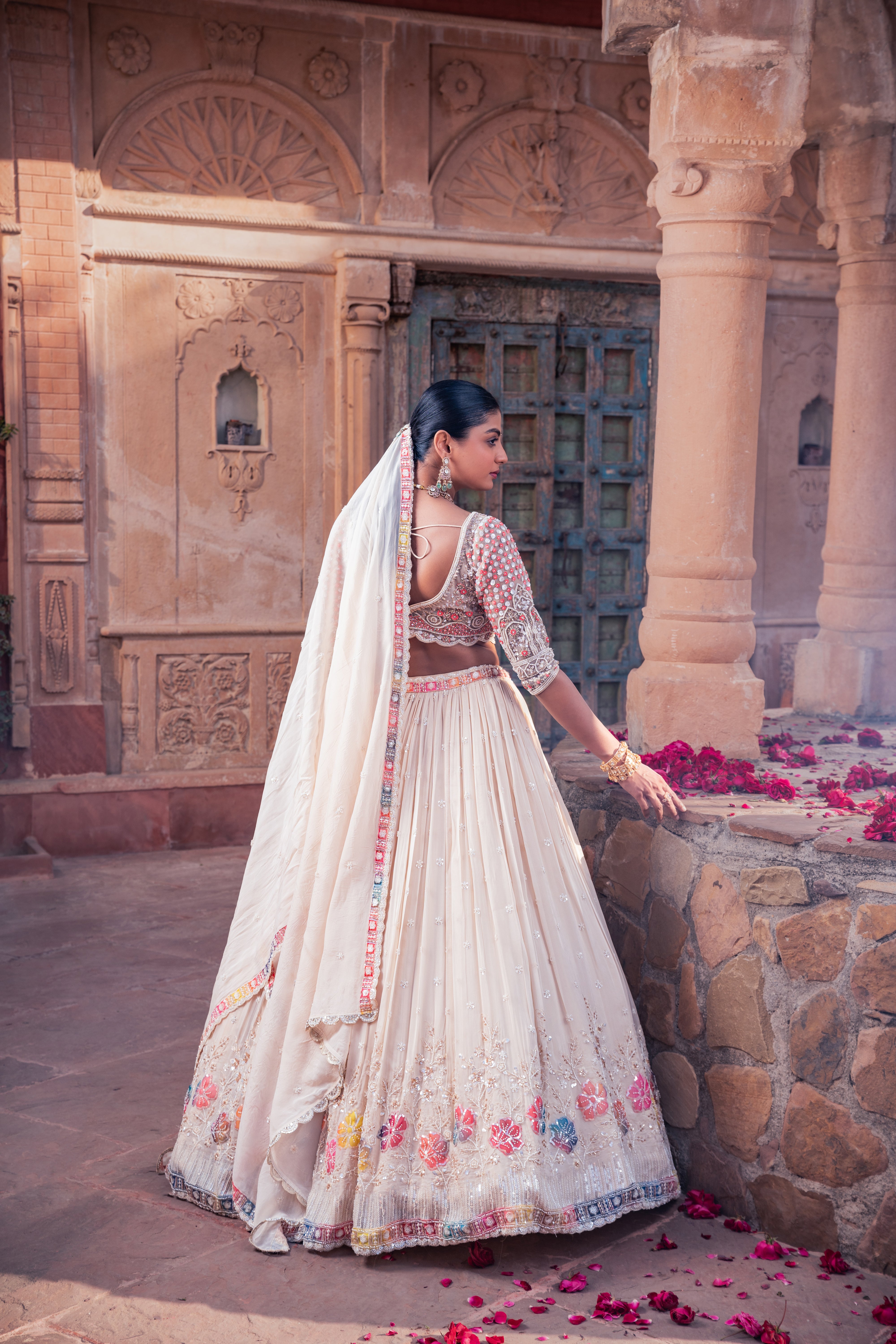 Ivory Net & Organza Hand Embellished Lehenga Set