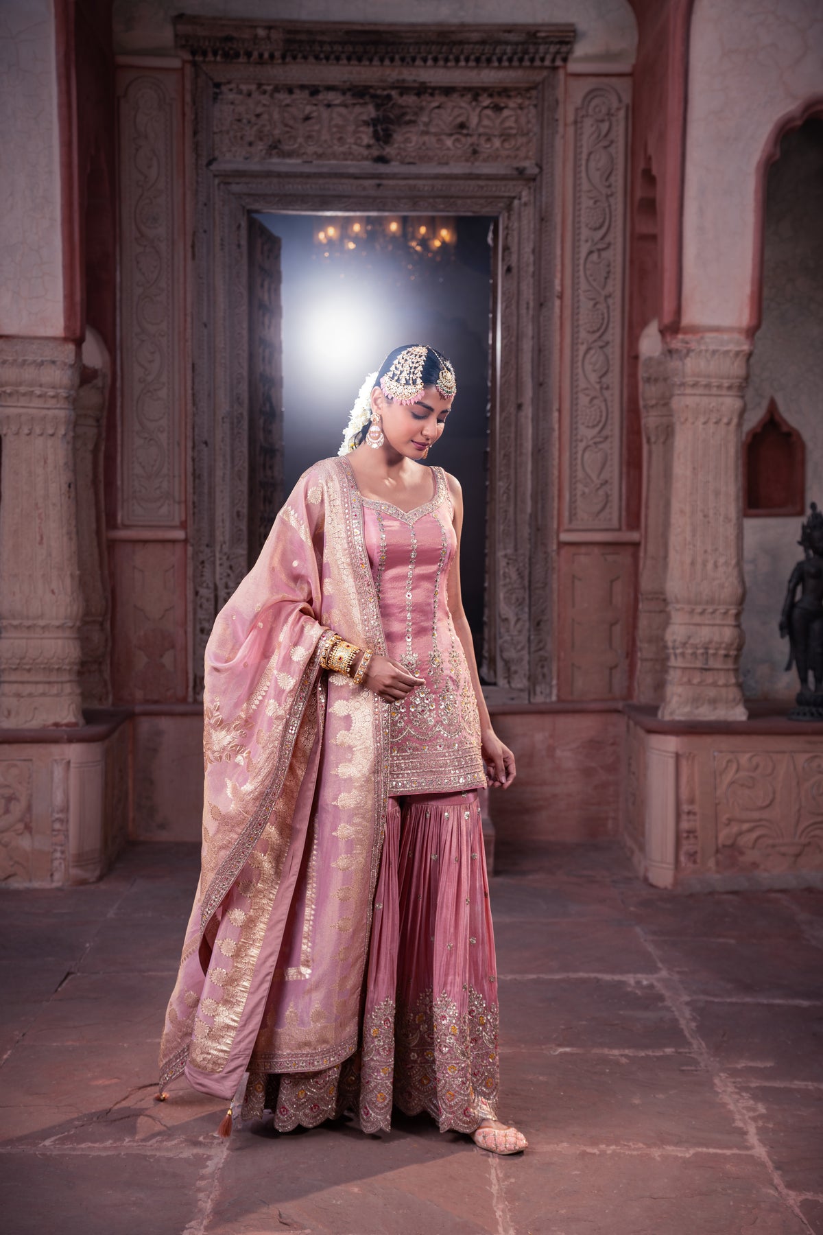 Pink Tissue Sequins Embellished Sharara Set