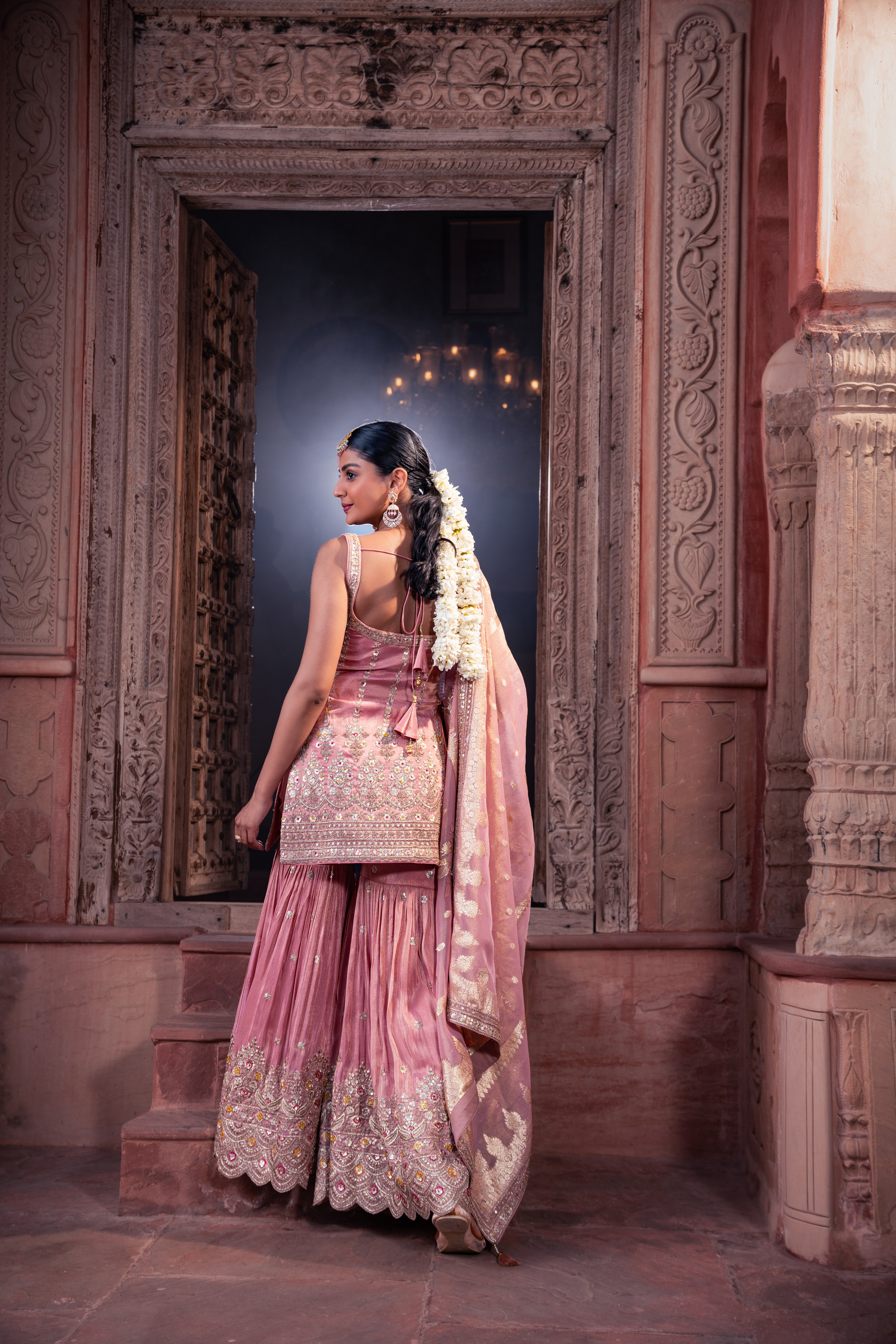 Pink Tissue Sequins Embellished Sharara Set