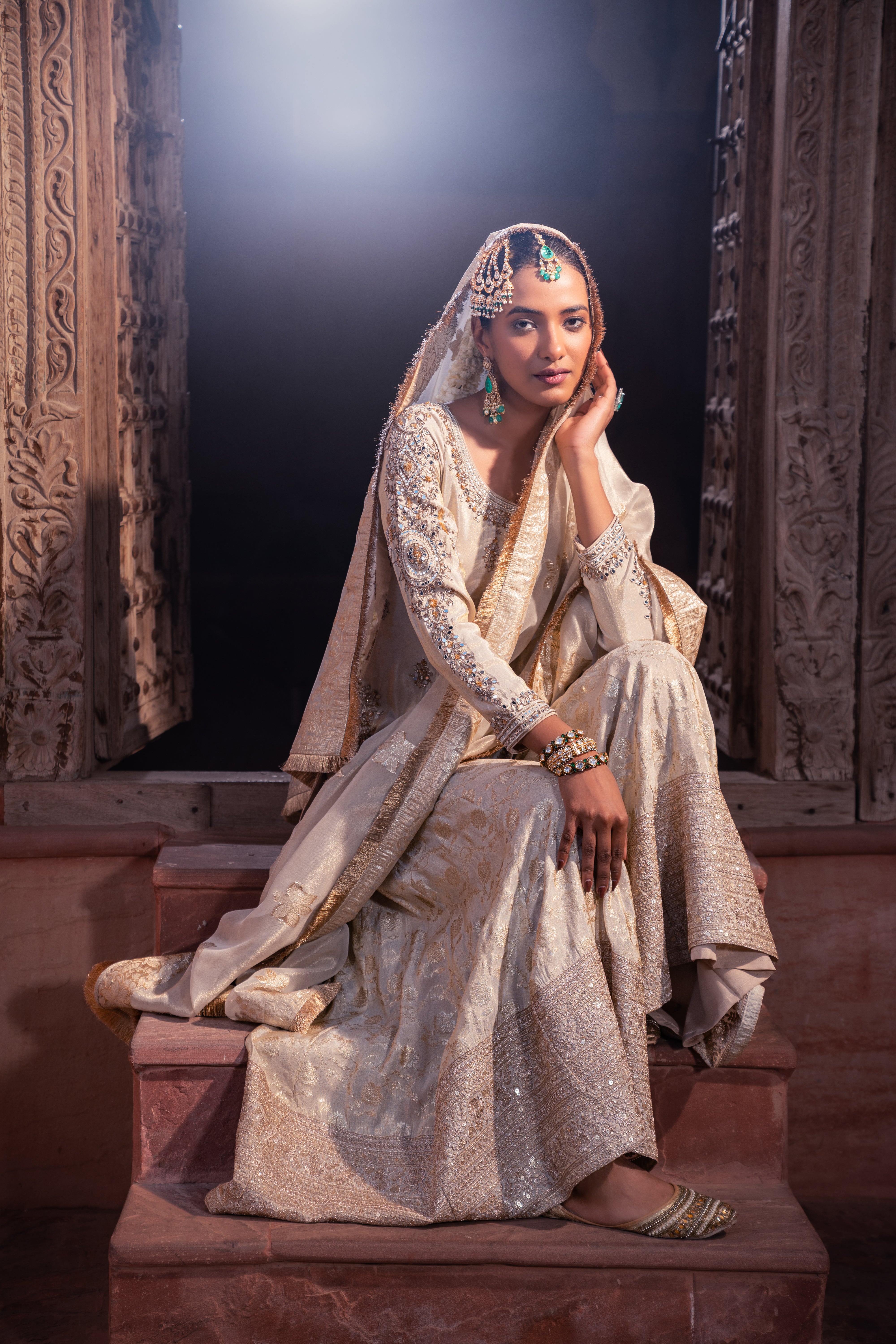 Ivory Jacquard Tissue Handcrafted Sharara Set