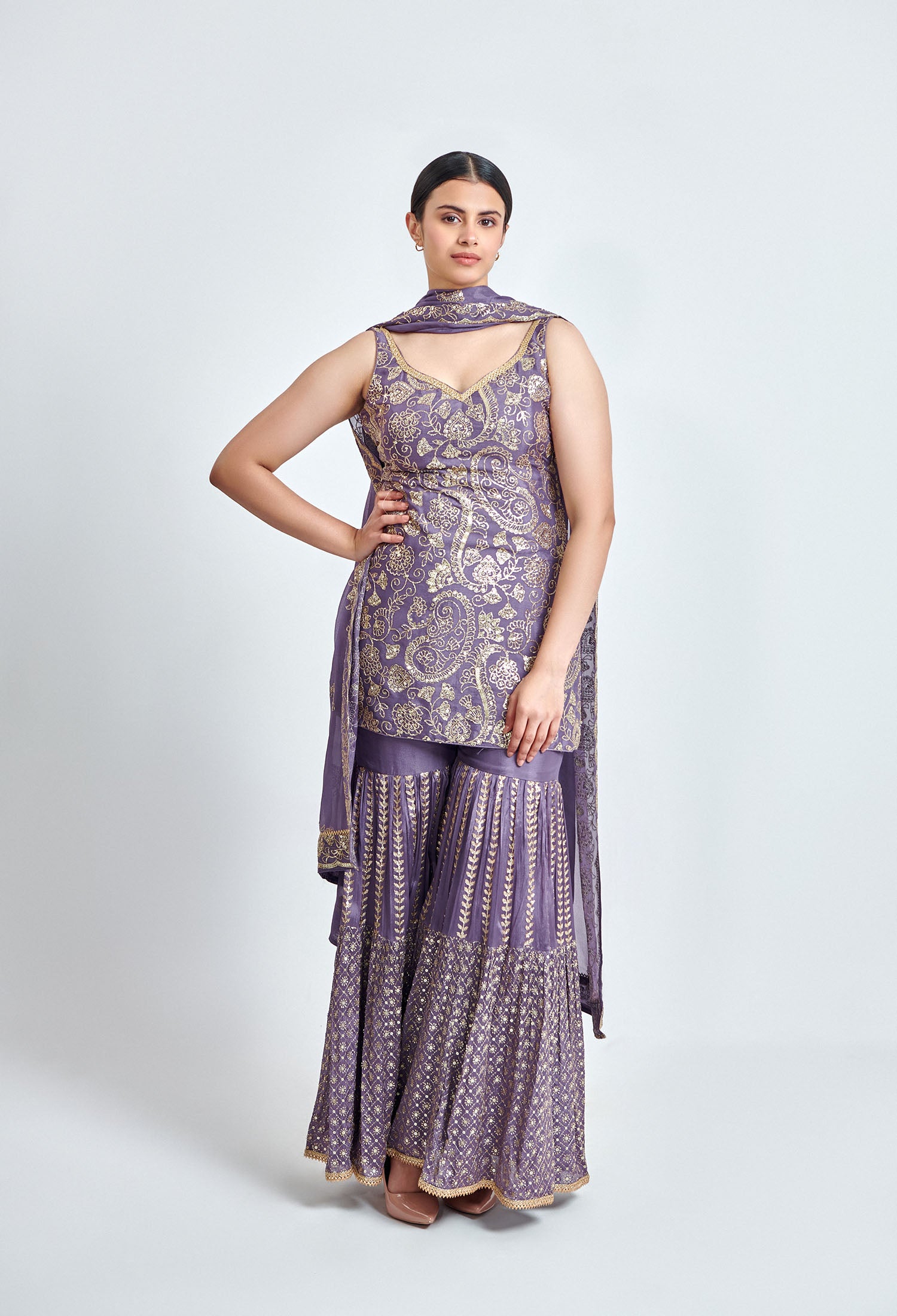 Mauve and Gold Embroidered Sharara Set for Wedding & Festive Look
