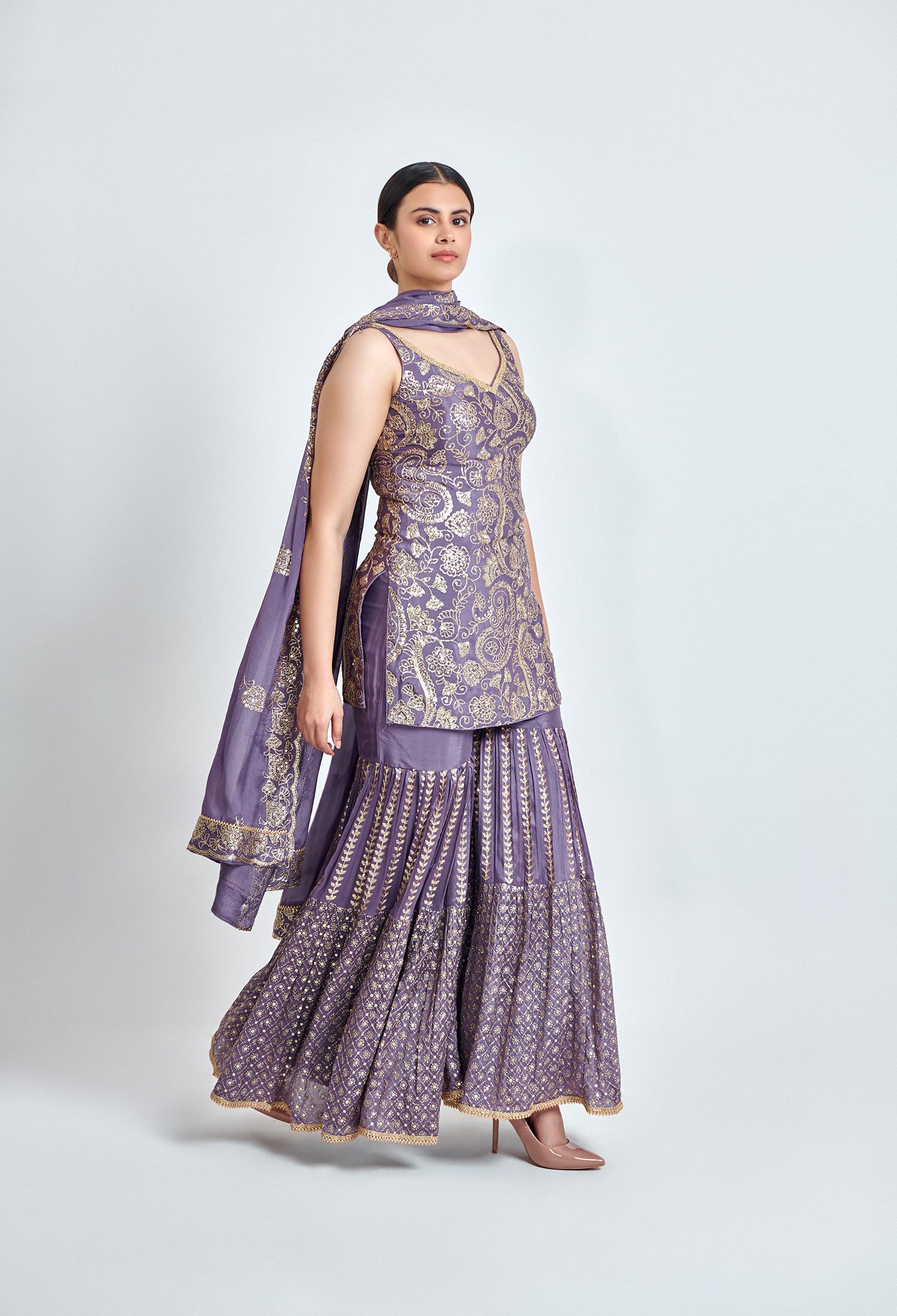 Mauve and Gold Embroidered Sharara Set for Wedding & Festive Look