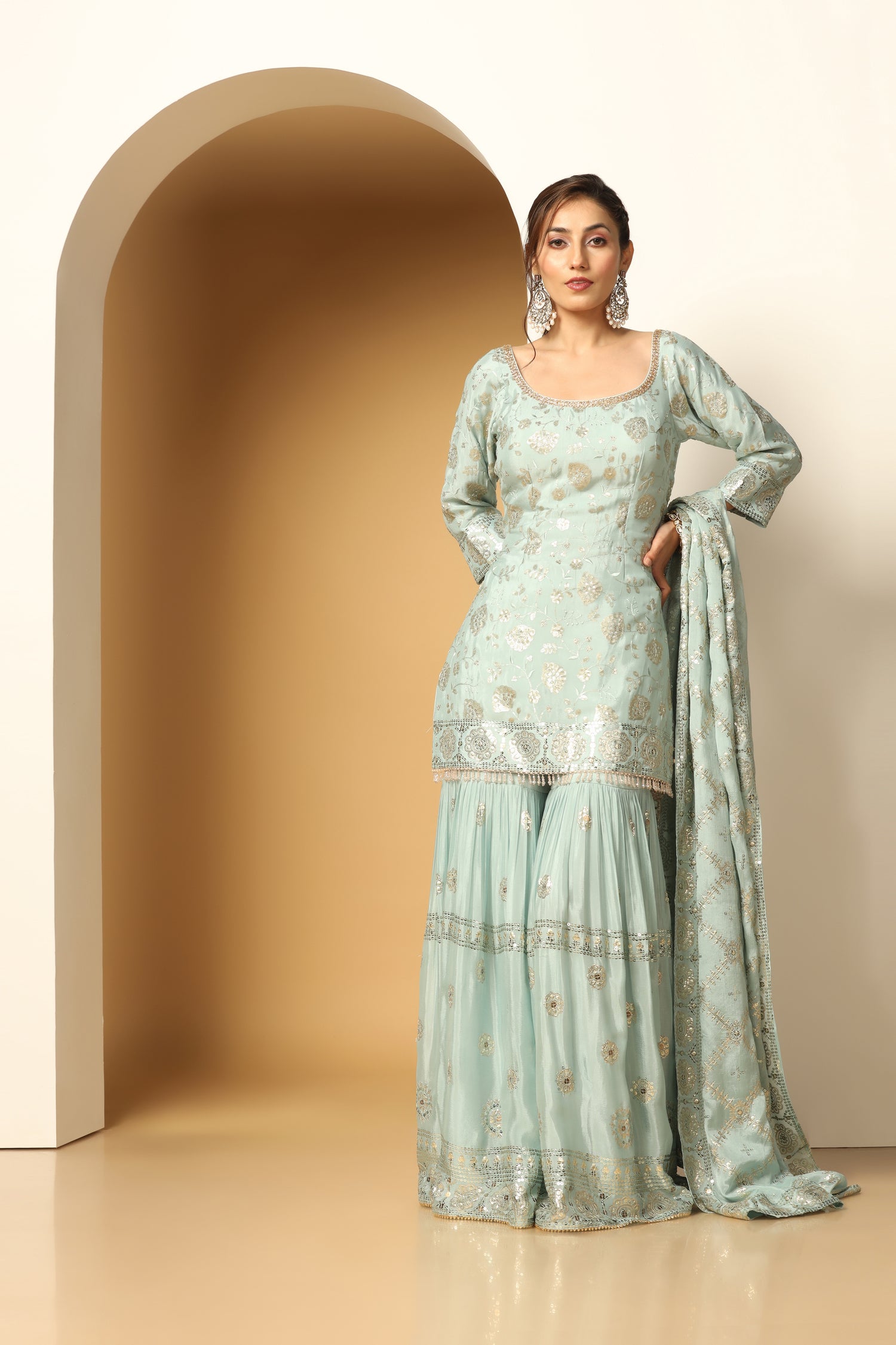Sequin Floral Sharara Set – Blooming Garden Party Wear Look