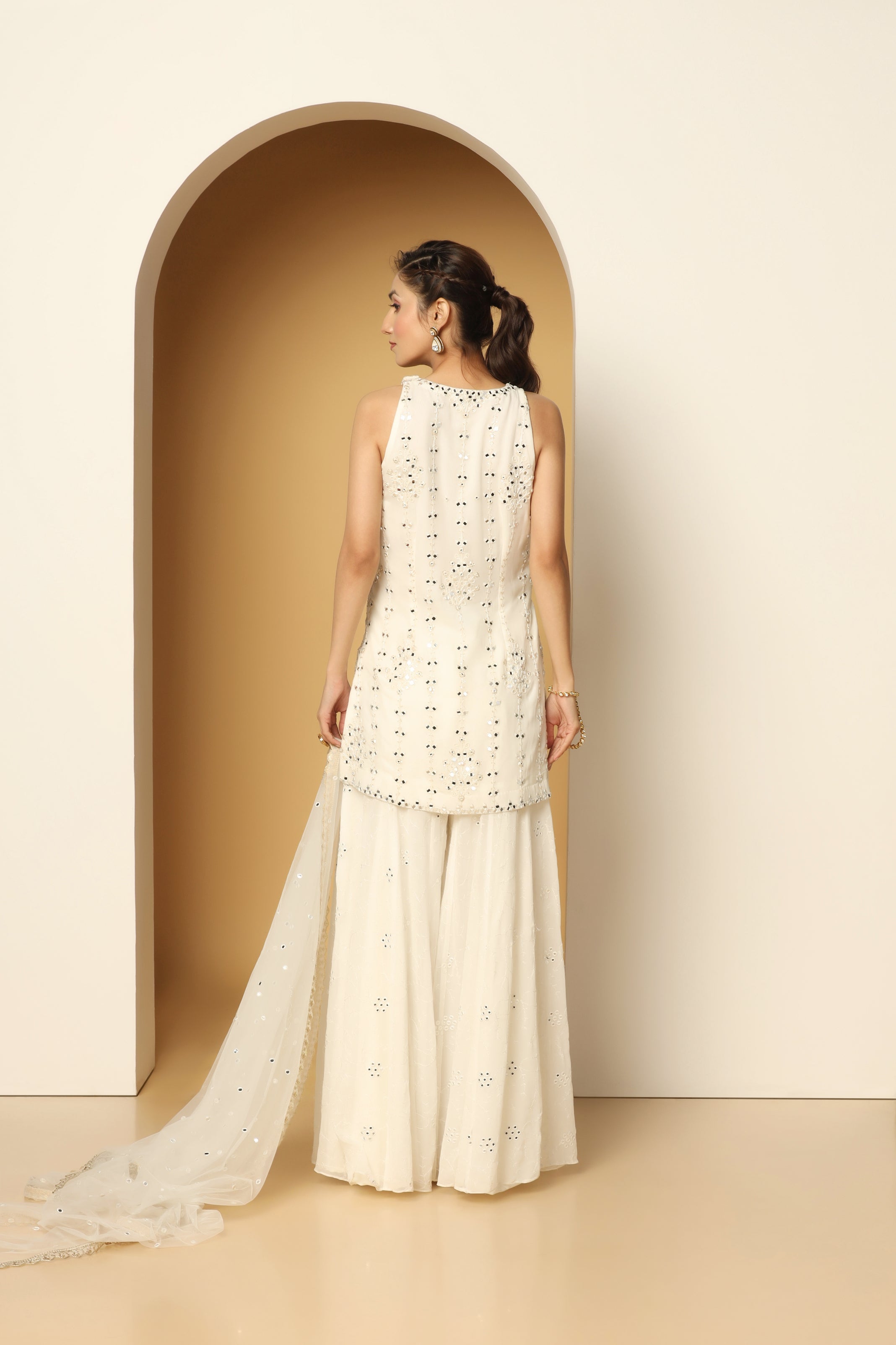 Sequin Embroidered White Georgette Sharara Suit Set