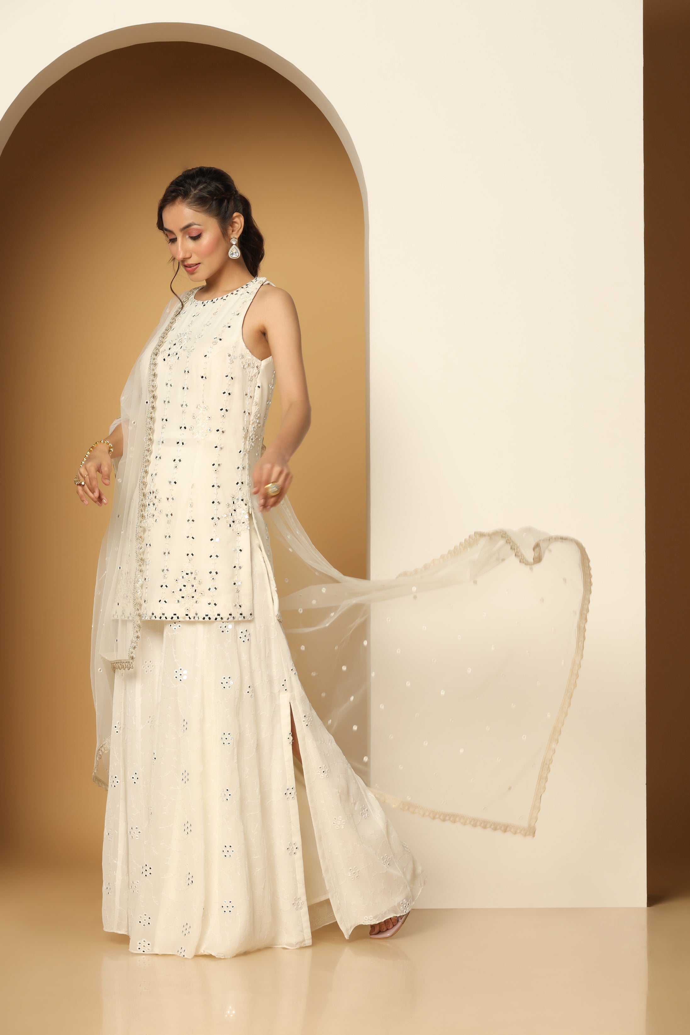 Sequin Embroidered White Georgette Sharara Suit Set