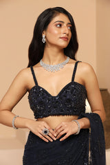 Midnight blue flower and geomatric combination net saree blouse