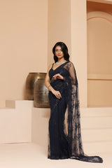 Midnight blue flower and geomatric combination net saree blouse